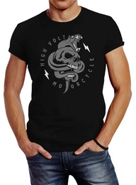 Print-Shirt Herren T-Shirt Totenkopf Print Kobra Motiv High Voltage Motorcycle mit Print