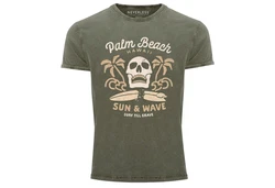 Neverless Print-Shirt Surf-Motiv Totenkopf Palm Beach Dunkelgrün/Grün