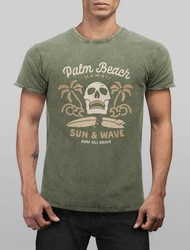 Neverless Print-Shirt Surf-Motiv Totenkopf Palm Beach Dunkelgrün/Grün