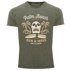 Neverless Print-Shirt Surf-Motiv Totenkopf Palm Beach Dunkelgrün/Grün