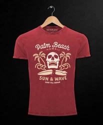 Neverless Print-Shirt Surf-Motiv Totenkopf Palm Beach Dunkelrot/Rot/Braun