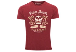 Neverless Print-Shirt Surf-Motiv Totenkopf Palm Beach Dunkelrot/Rot/Braun