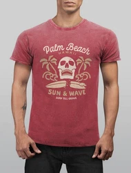 Neverless Print-Shirt Surf-Motiv Totenkopf Palm Beach Dunkelrot/Rot/Braun