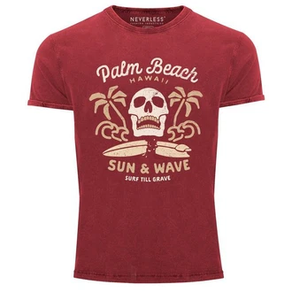 Neverless Print-Shirt Surf-Motiv Totenkopf Palm Beach Dunkelrot/Rot/Braun