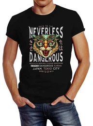 Print-Shirt Herren T-Shirt Design Print Katzenkopf Dangerous Cat Motiv Japan Tokio City Schriftzug Fashion Streetstyle mit Print