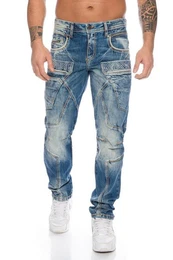 Slim-fit-Jeans Herren Jeans Hose mit ausgefallenem Labeldesign und dicken Ziernhten 3D Labelbranding und dicke Kontrastnhte