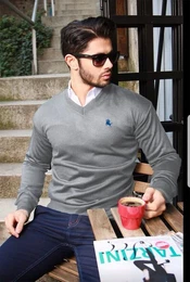 Strickpullover Eleganter Strickpullover mit V-Ausschnitt und Logostickerei V-Ausschnitt, Logostickerei