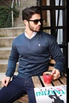 apollon Strickpullover Eleganter V-Ausschnitt Dunkelblau/Hellblau/Blau