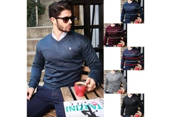 apollon Strickpullover Eleganter V-Ausschnitt Dunkelblau/Dunkelrot/Mischfarben