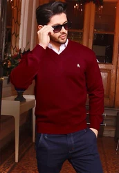 apollon Strickpullover Eleganter V-Ausschnitt Dunkelblau/Dunkelrot/Mischfarben