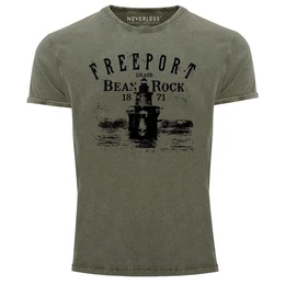 Print-Shirt Herren Vintage Shirt Retro Print Leuchturm Schriftzug Freeport Island mit Print