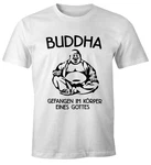 MoonWorks Print-Shirt Buddha Gefangen im Körper eines Gottes Herren T-Shirt Hellgrün/Hellblau/Creme/Weiß/Rosa