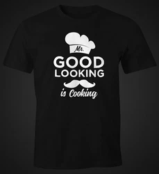 MoonWorks Print-Shirt Mr Good Looking Is Cooking Herren Fun-Shirt Schwarz