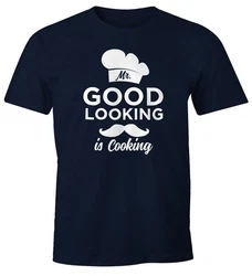 MoonWorks Print-Shirt Mr Good Looking Is Cooking Herren Fun-Shirt Schwarz/Dunkelblau/Blau