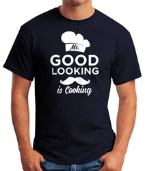 MoonWorks Print-Shirt Mr Good Looking Is Cooking Herren Fun-Shirt Schwarz/Dunkelblau/Blau
