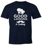 MoonWorks Print-Shirt Mr Good Looking Is Cooking Herren Fun-Shirt Schwarz/Dunkelblau/Blau