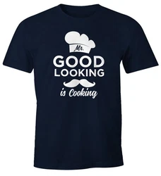 MoonWorks Print-Shirt Mr Good Looking Is Cooking Herren Fun-Shirt Schwarz/Dunkelblau/Blau