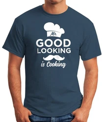 MoonWorks Print-Shirt Mr Good Looking Is Cooking Herren Fun-Shirt Grau/Schwarz/Blau/Dunkelblau/Türkis