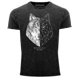Print-Shirt Herren Vintage Shirt Wolf Polygon Kunst Grafik Tiermotiv Printshirt mit Print