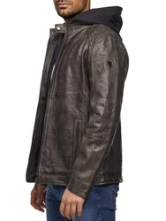 Tazzio Lederjacke Biker-Look Two-in-One Hoodie Style (19710) Dunkelbraun/Braun/Schwarz/Grau