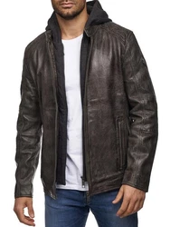 Tazzio Lederjacke Biker-Look Two-in-One Hoodie Style (19710) Dunkelbraun/Braun/Schwarz/Grau