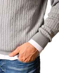 MayTree Strickpullover Herrenpullover aus Wolle Zopfmuster Rundkragen silber