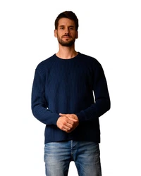 MayTree Strickpullover Herrenpullover aus Wolle Zopfmuster Rundkragen nachtblau
