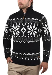 !Solid Herren Weihnachtspullover Norwin Troyer Grobstrick mit Stehkragen (8973) Black