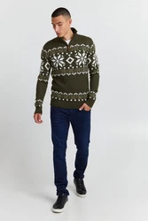 !Solid Herren Weihnachtspullover Norwin Troyer Grobstrick mit Stehkragen (8973) Dunkelgrün/Grün
