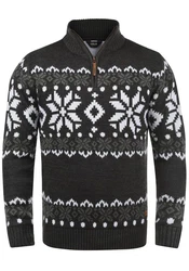 !Solid Herren Weihnachtspullover Norwin Troyer Grobstrick mit Stehkragen (8973) Schwarz/Dunkelgrau