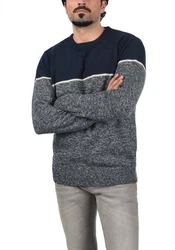Indicode Lynn Herren Strickpullover Feinstrick Pullover mit Rundhalsausschnitt Dunkelblau/Blau/Grau