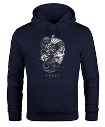 Neverless Hoodie Herren Santa Muerte La Catrina Mexican Skull Dia de los Muertos Tattoo Design Kapuzen-Pullover Dunkelblau