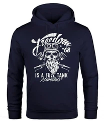 Neverless Hoodie Herren Long-Sleeve Biker Motorrad Motiv Freedom is a full Tank Skull Totenkopf Dunkelblau/Blau