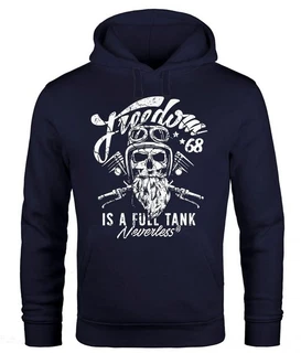 Neverless Hoodie Herren Long-Sleeve Biker Motorrad Motiv Freedom is a full Tank Skull Totenkopf Dunkelblau/Blau