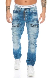 Regular-fit-Jeans Herren Jeans Hose mit Big Label Lettern und Reiverschlssen Kleine Abriebstellen in der Waschung