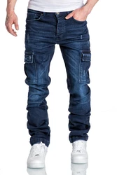 Amaci&Sons Herren Cargo Jeans Regular Slim Destroyed 7985 Dunkelblau/Blau