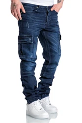 Amaci&Sons Herren Cargo Jeans Regular Slim Destroyed 7985 Dunkelblau/Blau