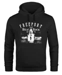 Neverless Hoodie Herren Retro Print Leuchturm Motiv Schriftzug Freeport Island Kapuzen-Pullover Schwarz