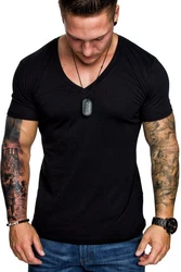 Amaci&Sons T-Shirt EUGENE Basic T-Shirt mit V-Ausschnitt Herren Schwarz/Hellblau/Rot