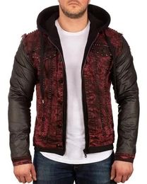 Jeansjacke Herren Kapuzen Sweatjacke BA-CJ259 Bordeaux XL mit Nieten besetzt