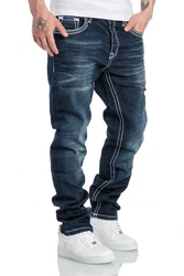 Amaci&Sons Herren Dicke Nähte Destroyed Jeans Regular Slim Denim Hose Fit 7983WC Dunkelblau/Orange/Blau
