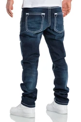 Amaci&Sons Herren Dicke Nähte Destroyed Jeans Regular Slim Denim Hose Fit 7983WC Dunkelblau/Orange/Blau