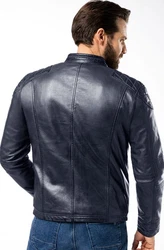 Ross & Cole Lederjacke lssiges Design mit Steppung an der Schulter Dunkelblau/Blau