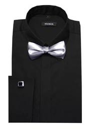 Businesshemd HU-1011 Fliege schwarz / grau Manschettenknopf Umschlag-Manschette Regular Fit