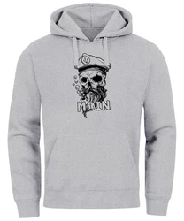 Neverless Hoodie Moin Kapitän Totenkopf Anker Bart Hamburg Print Herren Grau/Hellgrau
