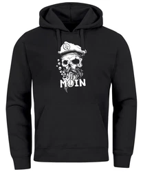 Neverless Hoodie Moin Kapitän Totenkopf Anker Bart Hamburg Print Herren Beige/Schwarz