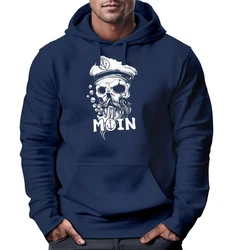 Neverless Hoodie Moin Kapitän Totenkopf Anker Bart Hamburg Print Herren Dunkelblau/Hellblau/Beige