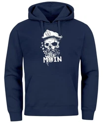 Neverless Hoodie Moin Kapitän Totenkopf Anker Bart Hamburg Print Herren Dunkelblau/Hellblau/Beige
