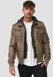 Indicode Herren Aaron Lederjacke mit Abnehmbarer Kapuze Khaki/Grau/Braun/Beige/Dunkelgrün