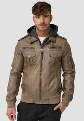 Indicode Herren Aaron Lederjacke mit Abnehmbarer Kapuze Khaki/Grau/Braun/Beige/Dunkelgrün